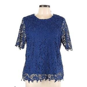 PHILOSOPHY Crochet Lace Pullover Top Shirt Denim Ocean Blue sz L NWT NEW
